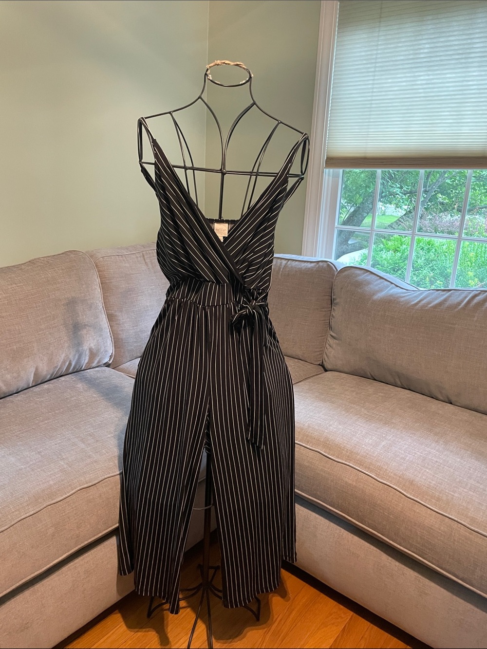 Kaileigh Black Pinstripe Wrap Jumpsuit with Self-Tie Belt